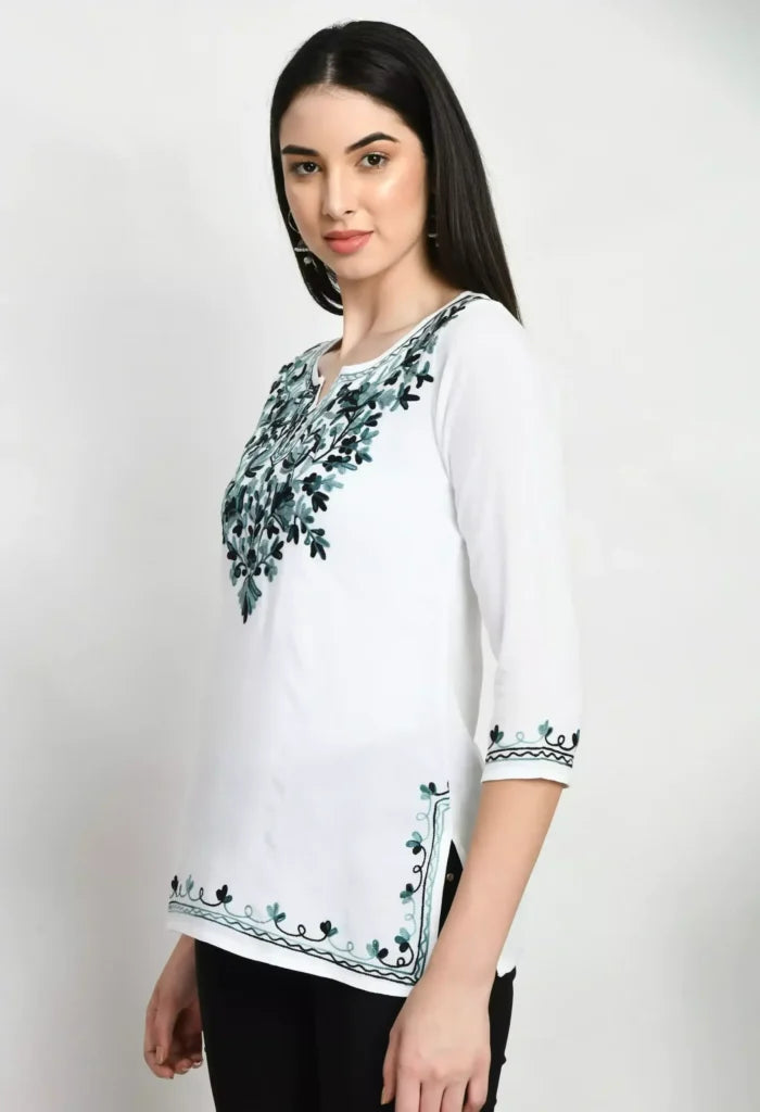 Amunet White Kashmiri Embroidered Short Kurti