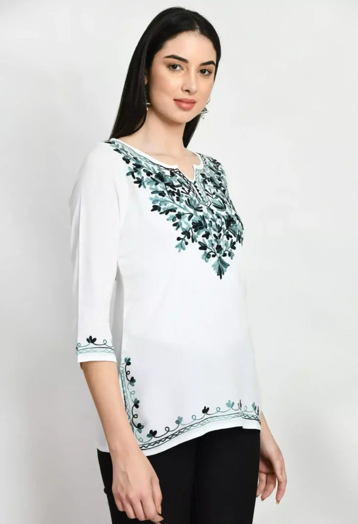 Amunet White Kashmiri Embroidered Short Kurti