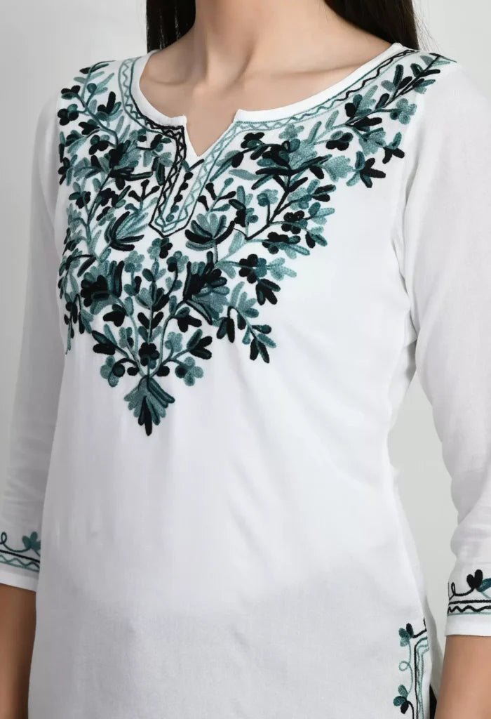 Amunet White Kashmiri Embroidered Short Kurti